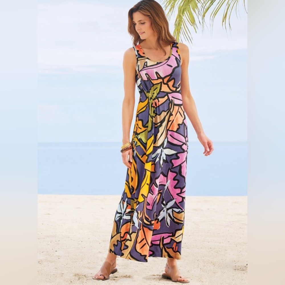 NEVER WORN; Soft Surroundings Sleeveless dress in a colorful, tropical print